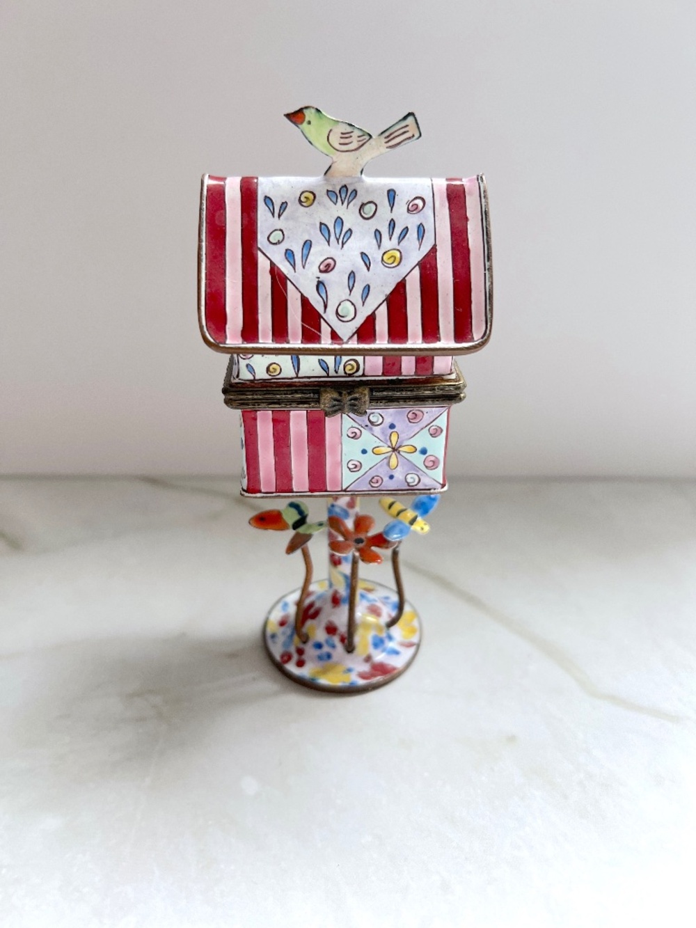 Kelvin Chen Hand Painted Enamel on Copper Miniature — Striped Birdhouse